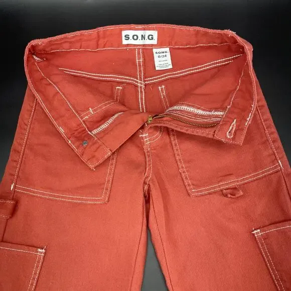 NWT S.O.N.G. Womens 0/24 Orange Cargo Carpenter Low Rise Jeans Y2K Slouchy Baggy - Picture 7 of 9